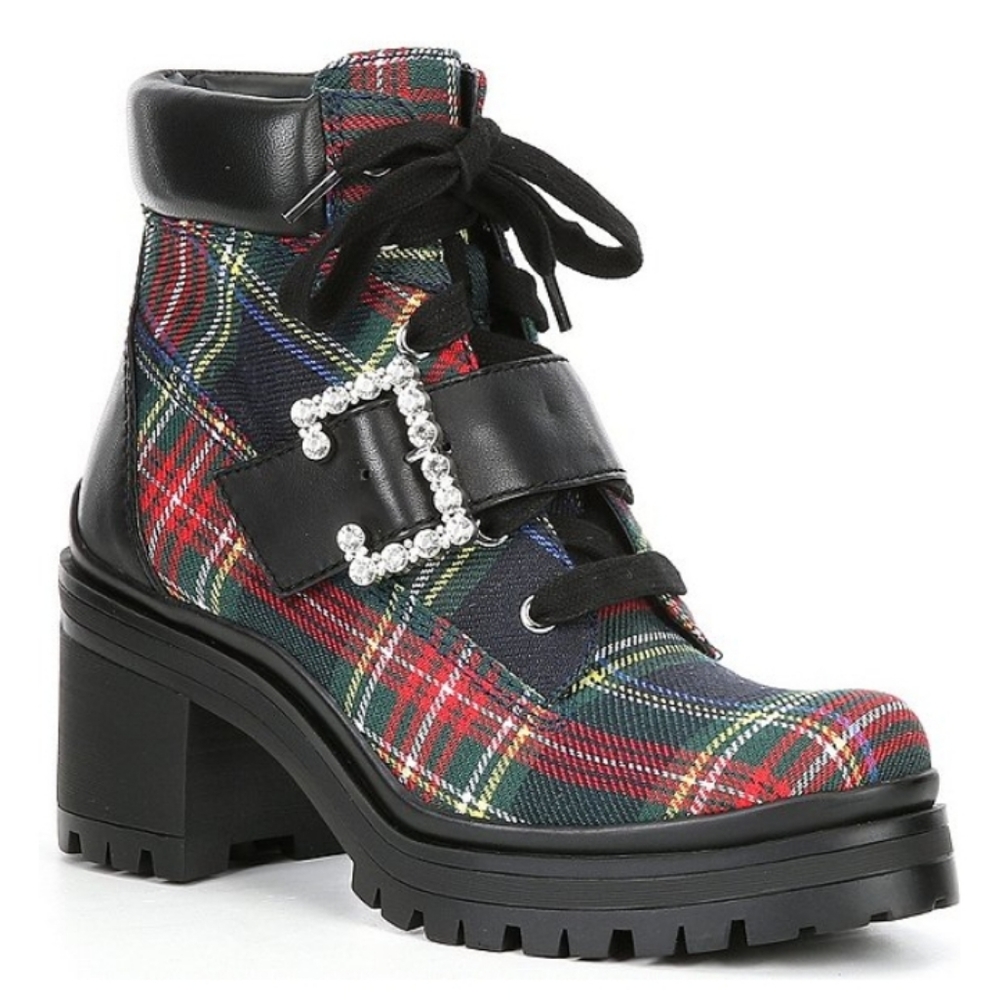 GBPop-Star Plaid Rhinestone Buckle Lug Sole Booties Size 9